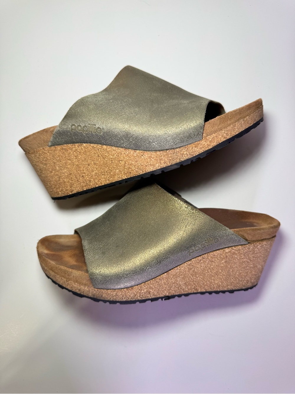 Papillio by Birkenstock Namica Metallic Gold Suede Wedge Slide Sandals Size 38
